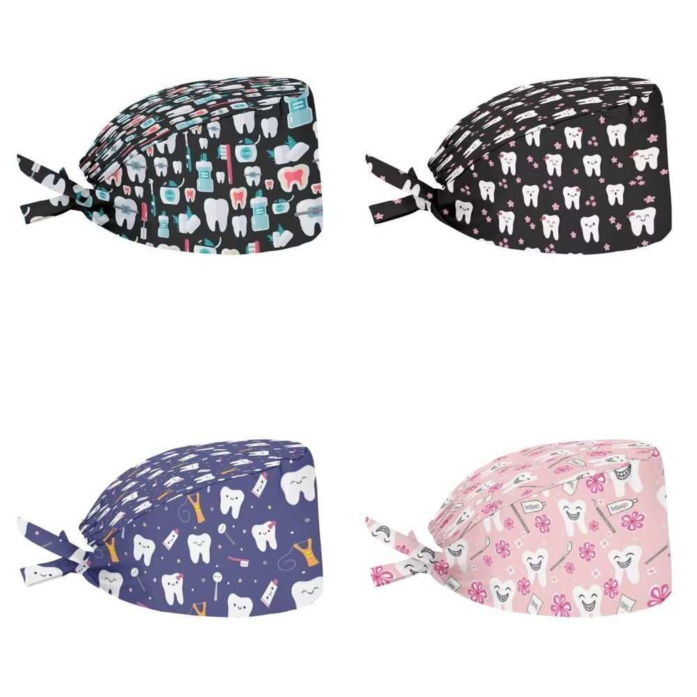 6415 Tooth Dentist Tools Scrub Caps Set of 4 Pcs Adjustable Back Tie Turban